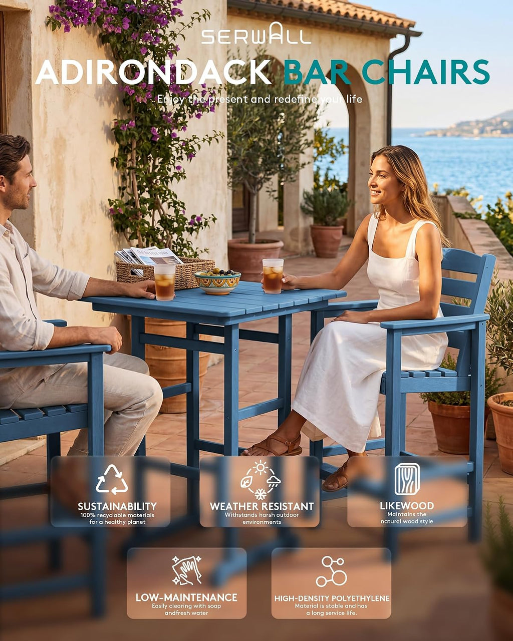 SERWALL Balcony Adirondack Chairs and Table 3 Pieces Set, Adirondack Bar Height Chairs Set of 2 and Bar Table, Outdoor Bar Stools Set for Bistro, Poolside, Backyard, Blue
