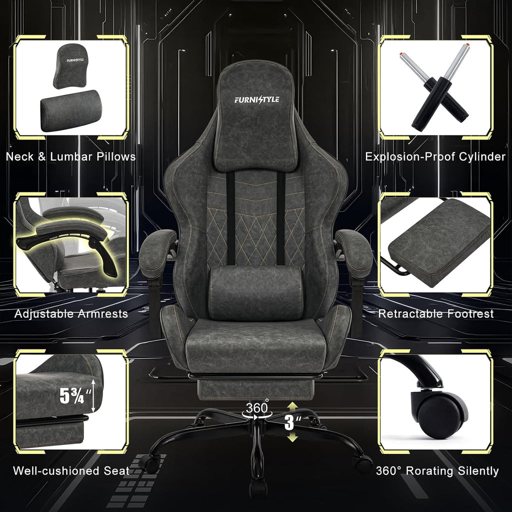 Gaming Chair Video Game Chairs with Large Headrest, Linkage Armrests, Retro PU Leather Ergonomic Computer Chair for Gaming or Office, Grey