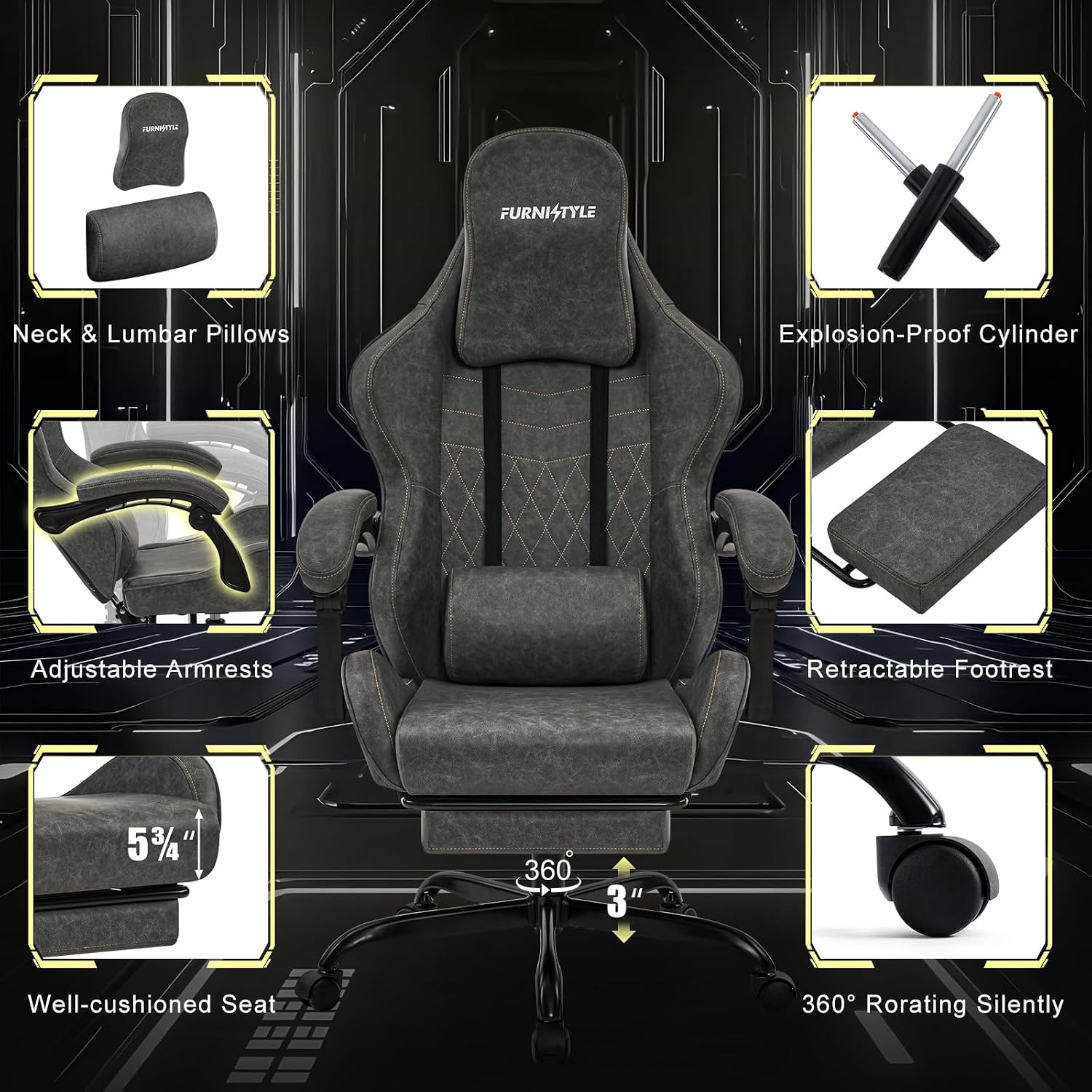 Gaming Chair Video Game Chairs with Large Headrest, Linkage Armrests, Retro PU Leather Ergonomic Computer Chair for Gaming or Office, Grey