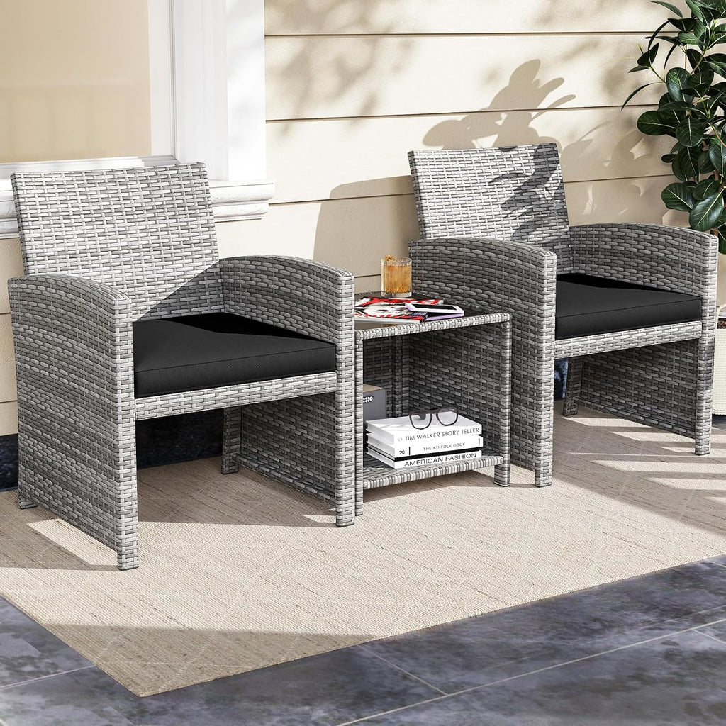 Tangkula 3 Pieces Patio Furniture Set, PE Rattan Outdoor Chairs with Tempered Glass Coffee Table & Soft Seat Cushions, Patio Bistro Set, Outdoor Conversation Set for Porch, Backyard Poolside (Black)