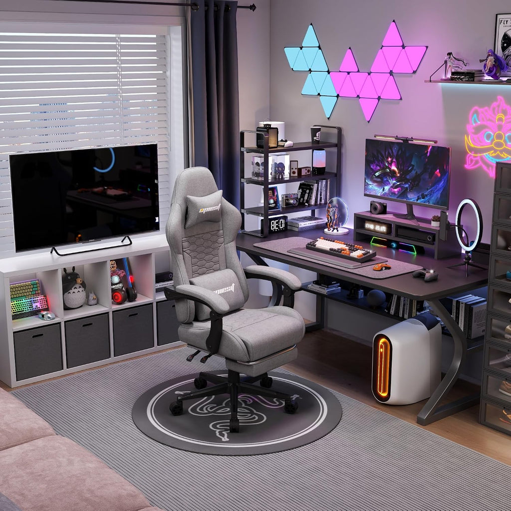 Opiesit Gaming Chair,Computer Chair with Pocket Spring Cushion,Ergonomic Office Chair with Footrest,Height Adjustable Video Gamer Chair with Lumbar Support for Adults (with Massage, Light Gray)