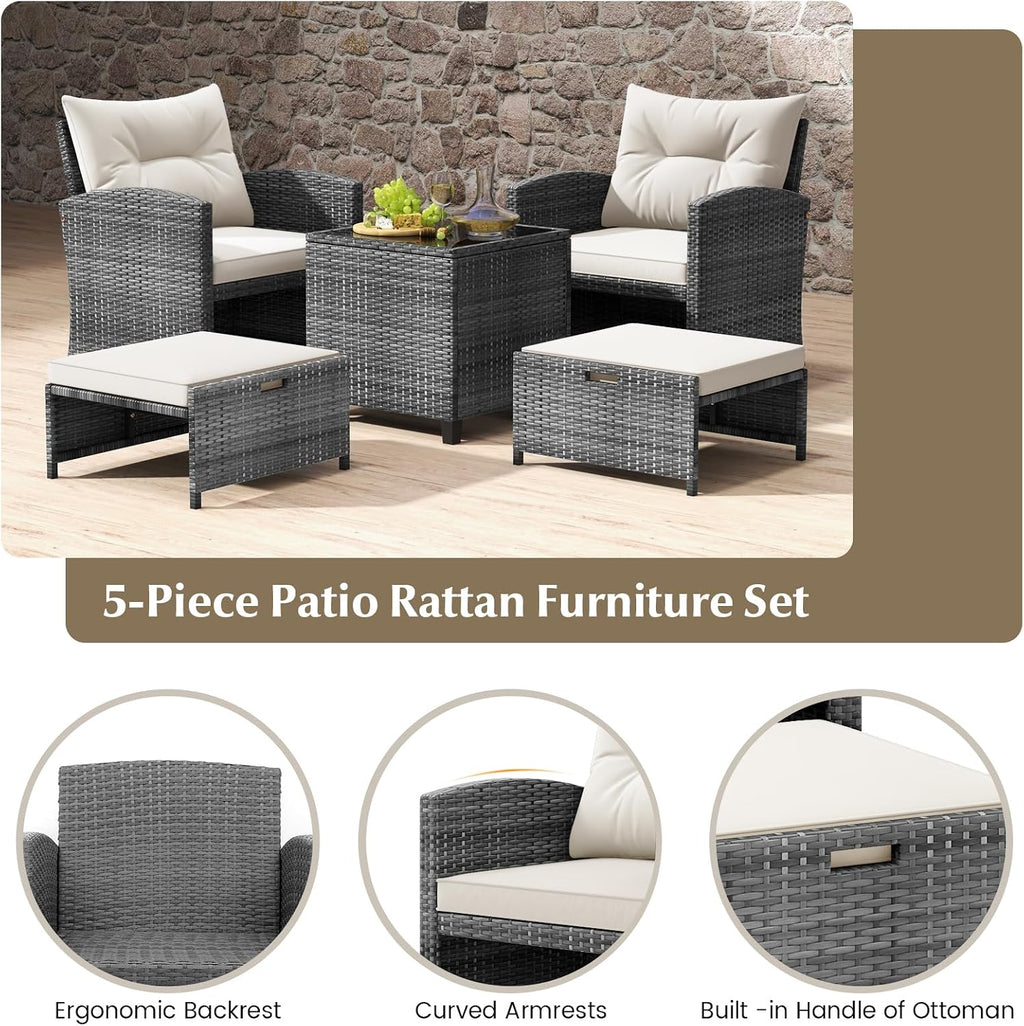 KOTEK 5 Pieces Patio Furniture Set with Ottomans, Wicker Patio Conversation Set with Coffee Table & Cushions, PE Rattan Outdoor Lounge Chairs for Backyard, Porch, Poolside (Mix Grey- Off White)