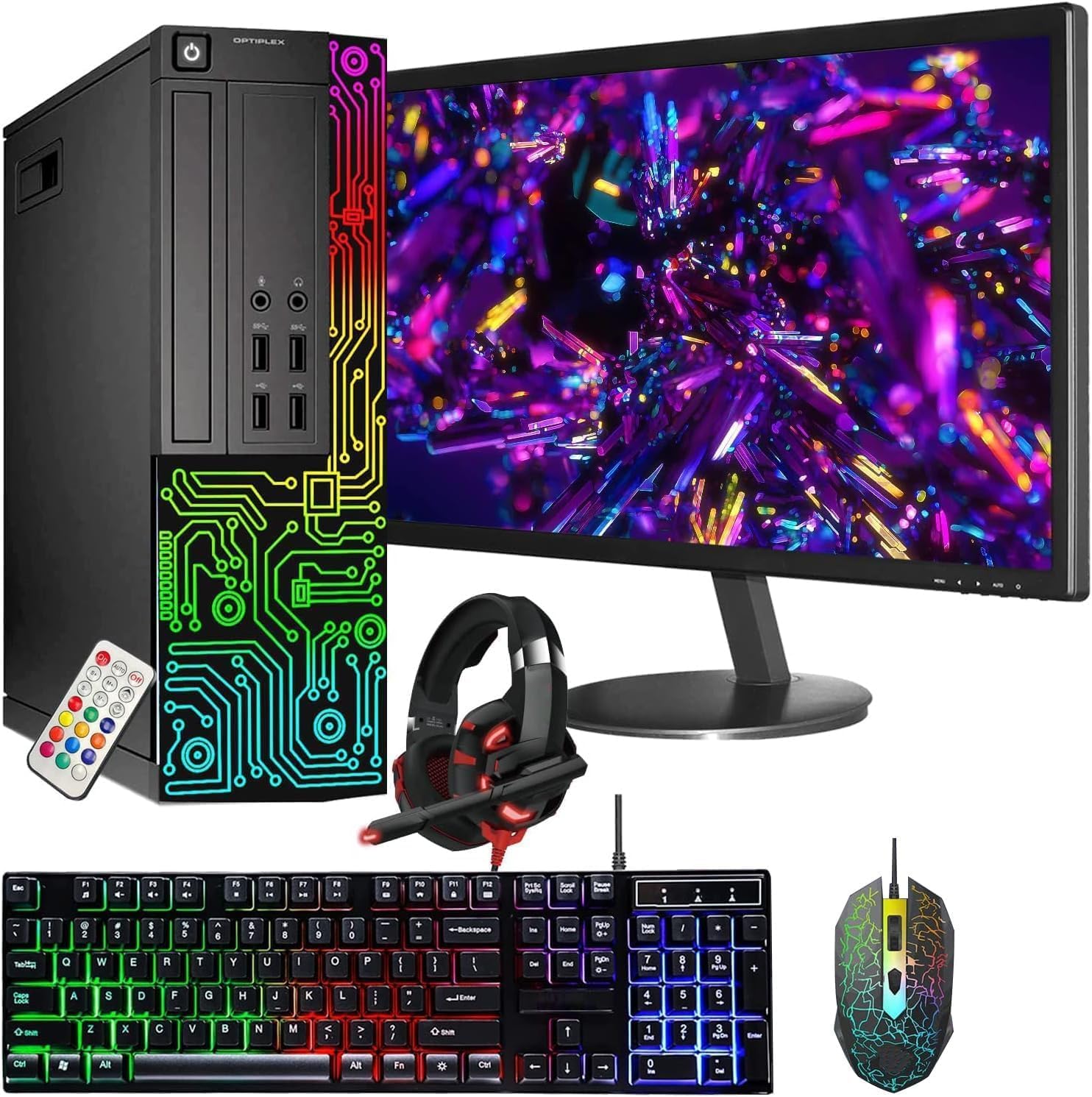 Dell Gaming OptiPlex Desktop RGB Computer PC, Intel Core i5, GeForce GT 1030 2GB GDDR5, 16GB RAM, 512GB SSD, 24 Inch HDMI Monitor, Keyboard Mouse and Headset, WiFi, Windows 11 Pro (Renewed)