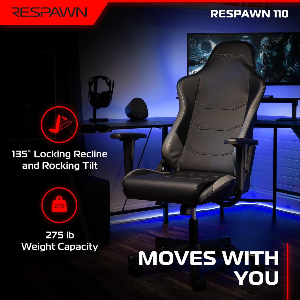 Respawn 110 Ergonomic Gaming Chair - Reclining Office Video Game Swivel Chair with Lumbar Support, Headrest, Heavy Duty, High Back, Racing Style Gaming Recliner Seat for Computer Gamer - Gray