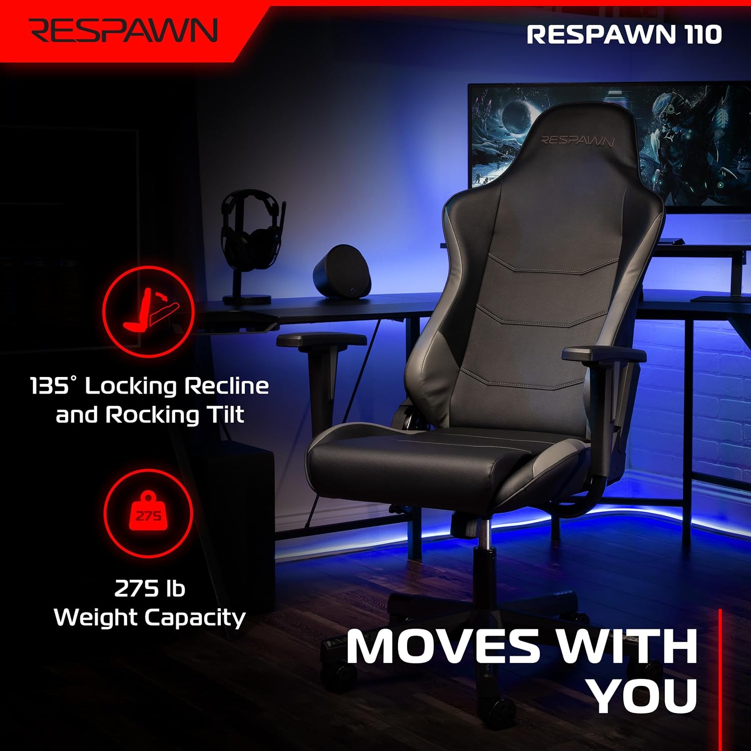 Respawn 110 Ergonomic Gaming Chair - Reclining Office Video Game Swivel Chair with Lumbar Support, Headrest, Heavy Duty, High Back, Racing Style Gaming Recliner Seat for Computer Gamer - Gray