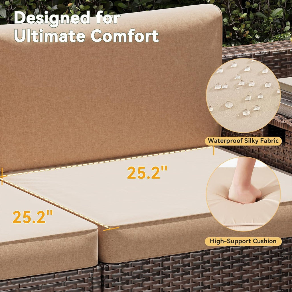 Aoxun 8 Piece Patio Furniture Set, Wicker Rattan Outdoor Furniture Set with Storage Box and Glass Top Table, Patio Sectional Set with Thick Cushions & Waterproof Cover, Beige