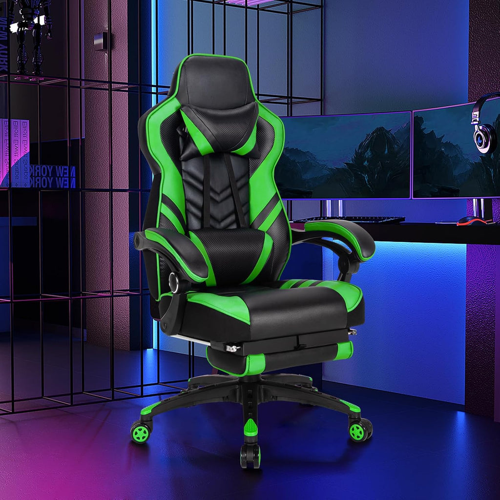 Goplus Gaming Chair, Computer Chair with Footrest and Lumbar Support, Height Adjustable Executive Swivel Rolling Task Chair with 90°-155° Tilt Function (Green)