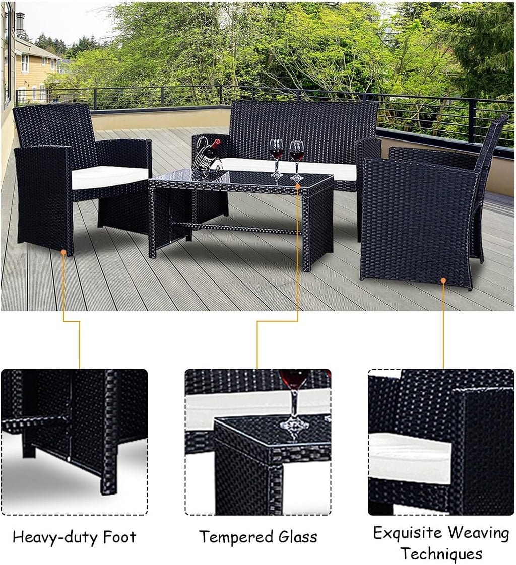 Goplus 4-Piece Rattan Patio Furniture Set, Outdoor Wicker Conversation Sofa with Weather Resistant Cushions and Tempered Glass Tabletop for Lawn Backyard Pool Garden (White(Black Wicker))