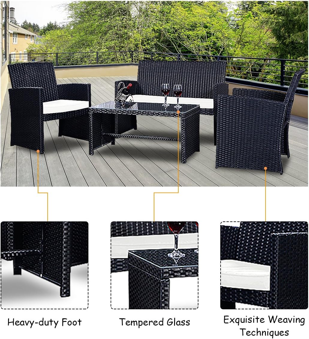 Goplus 4-Piece Rattan Patio Furniture Set, Outdoor Wicker Conversation Sofa with Weather Resistant Cushions and Tempered Glass Tabletop for Lawn Backyard Pool Garden (White(Black Wicker))