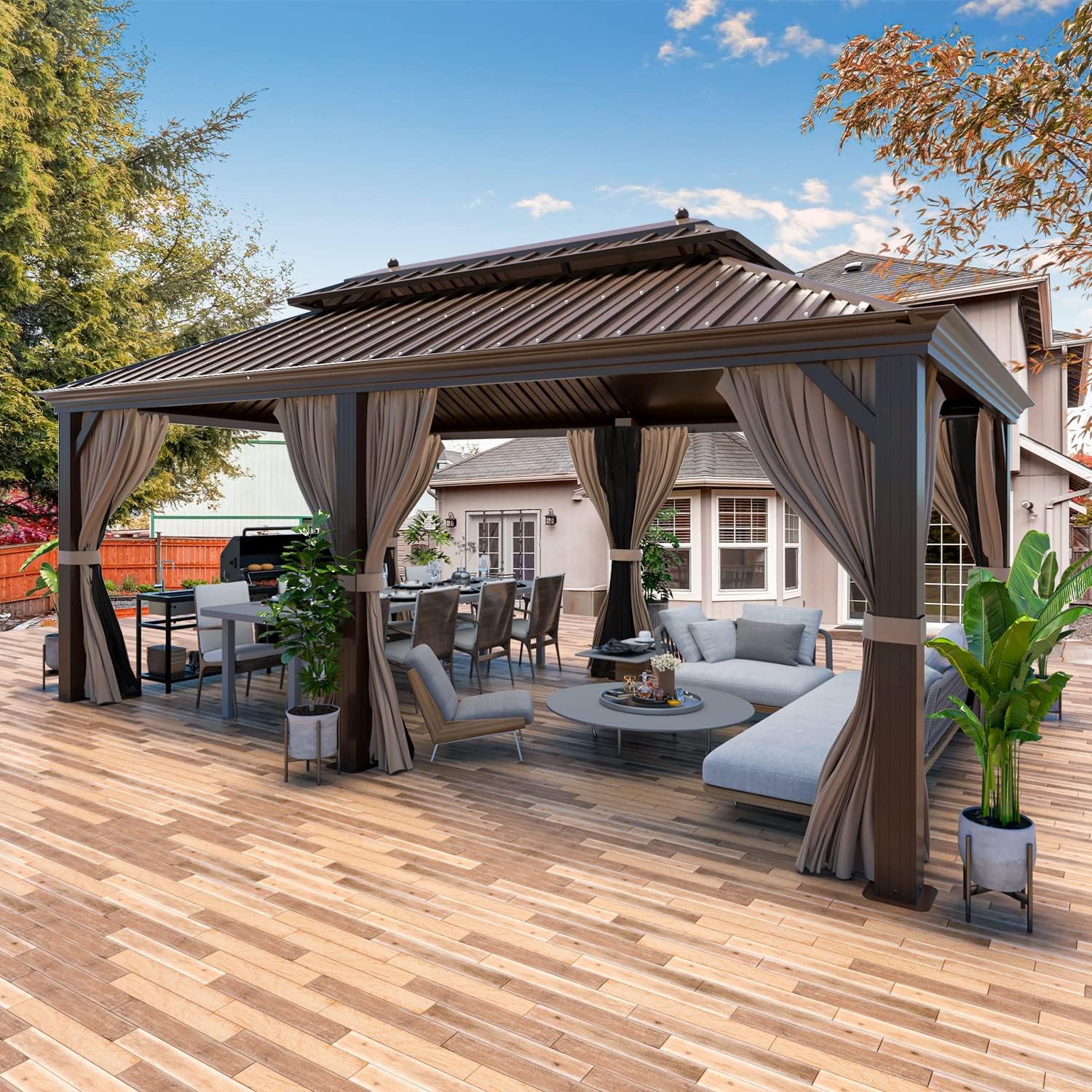 YOLENY 12'X20' Hardtop Gazebo, Galvanized Steel Ventilation Double Roof with Aluminum Frame，Outdoor Gazebos Pavillion with Netting and Curtains for Garden, Patio, Lawns, Parties