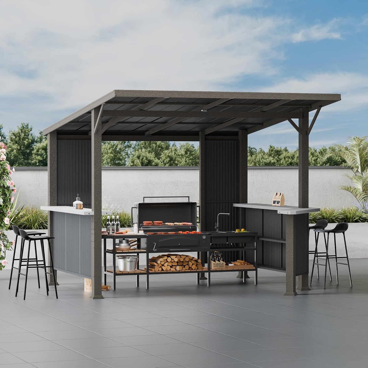 10X10 FT Hardtop BBQ Gazebo, Outdoor Pergola with Multi Shelves, Hardtop Aluminum Grill Gazebo for BBQ with Independent Countertop, Suitable for Patio Backyard