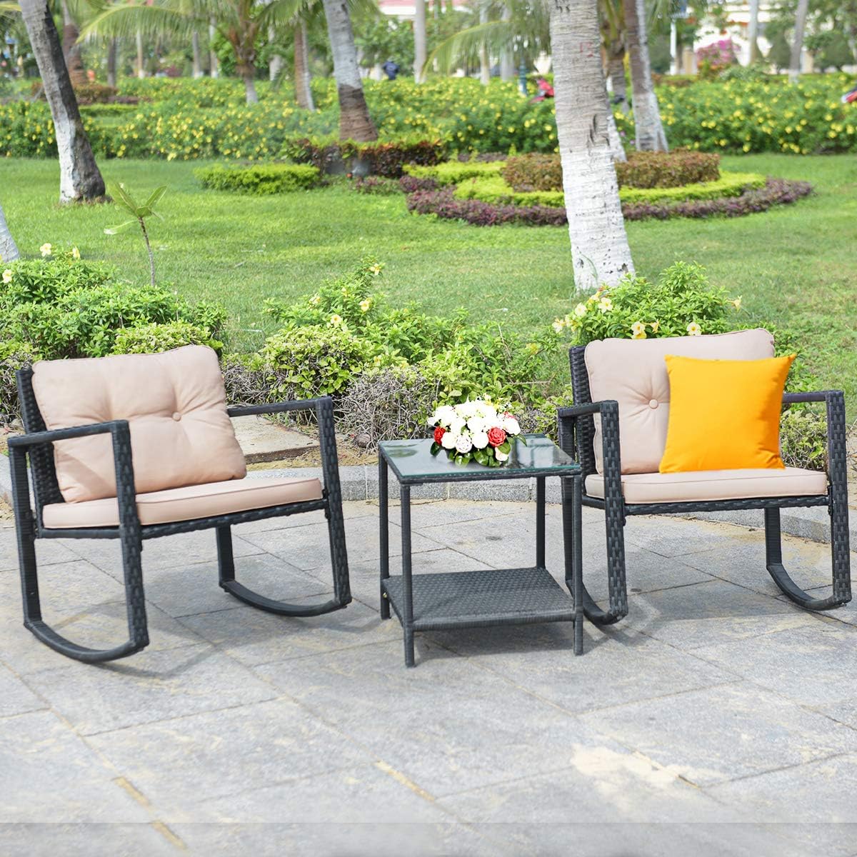 COSTWAY 3 Pieces Patio Rattan Rocking Chair Set, Outdoor Conversation Furniture Sets with Coffee Table, Storage Shelf and Cushions, Modern Bistro Set for Porch, Backyard, Garden, Beige