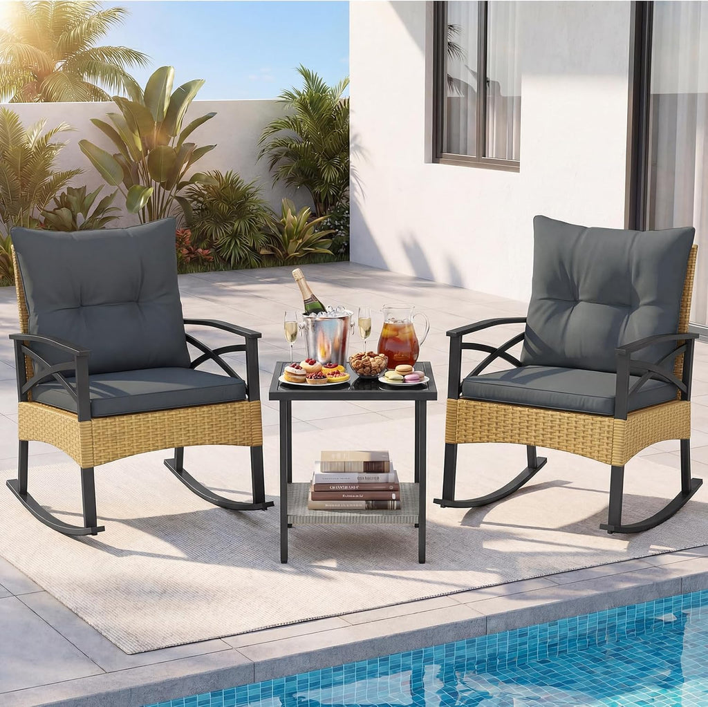 Tangkula 3 Pieces Outdoor Rocking Chairs Set, Rattan Heavy Duty Cushioned Rocker Chairs with 2-Tier Tempered Glass Coffee Table, for Garden, Balcony, Backyard (Yellow+Gray)