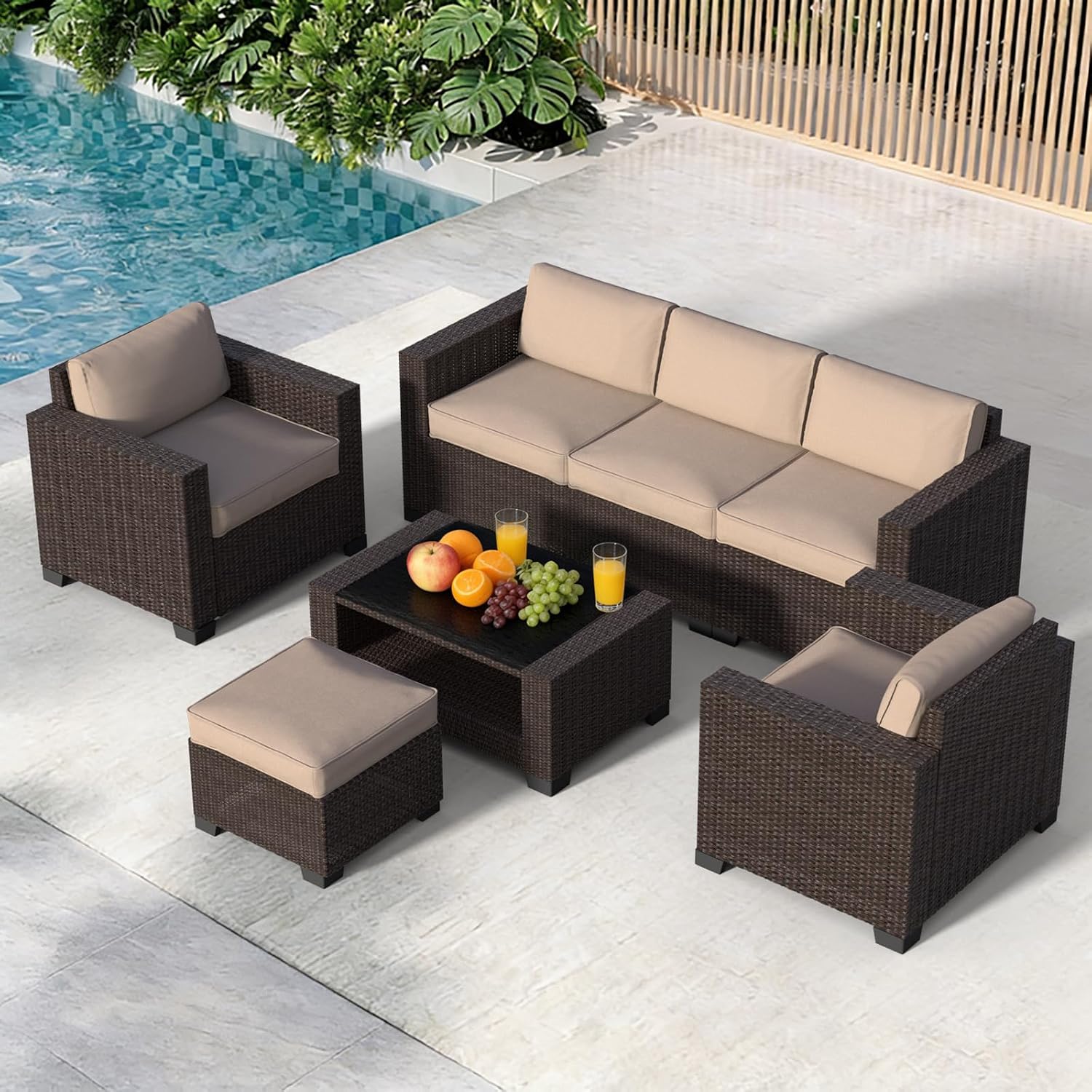 YLGJ&TIDY 7 PCS Outdoor Wicker Furniture Set Sectional Rattan Sofa Couch with Thick Cushions Glass Top Coffee Table Patio Conversation Set for Garden Backyard (Dark Brown Rattan & Khaki)