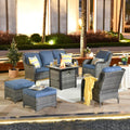 ovios 6 Pieces Patio Furniture Set with 30' Fire Pit Table, Outdoor Wicker Sofa with Ottomans, Comfy Cushions, High Back Couch Conversation Set, Grey Rattan, Denim Blue