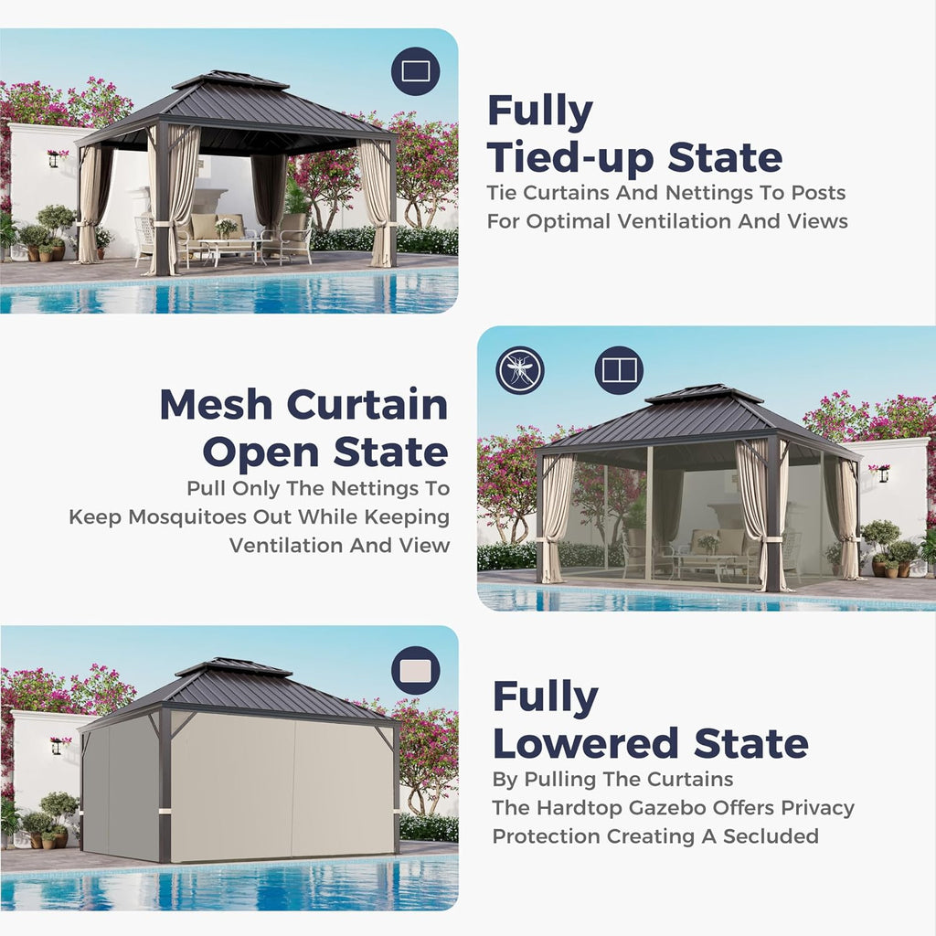 SUNSHINE VALLEY 12'x14' Hardtop Gazebo, Permanent Aluminum Outdoor Gazebo with Galvanized Steel Double Roof & Gutter System, Heavy Duty Patio Pavilion Canopy with Netting and Curtains for Deck, Garden