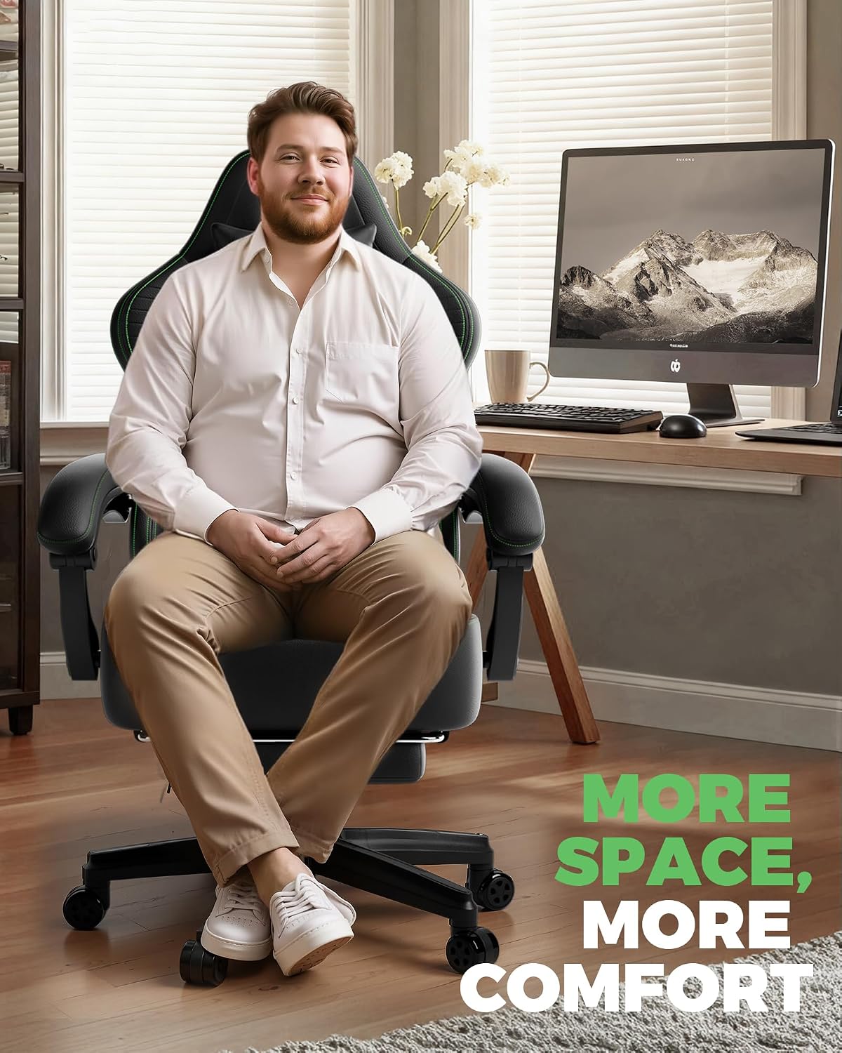 GTPLAYER Big and Tall Gaming Chair with Footrest, Extra Wide Seat Video Game Chairs for Adults - Padded High Back Ergonomic Reclining Silla Gamer, Linkage Armrest, Ace Pro, Green