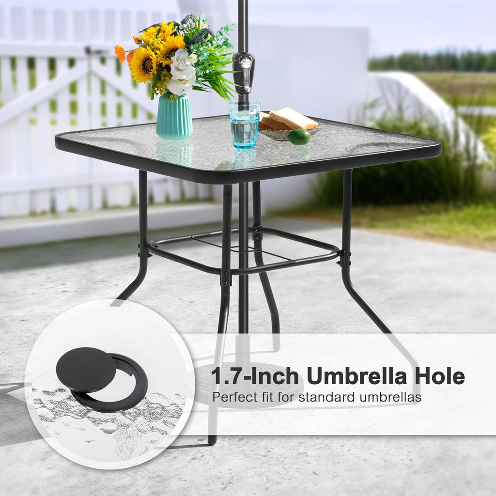 NUU GARDEN 5 Piece Outdoor Patio Dining Set, 32 Inch Square Tempered Glass Table with Umbrella Hole and 4 Textilene Chairs, Patio Furniture for Backyard Garden, Brown and Black