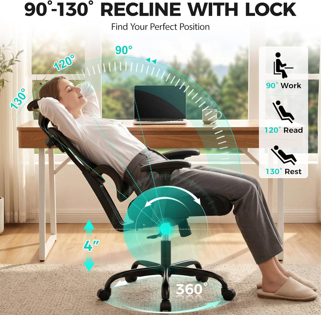 Ergonomic Office Chair High Back Desk Chair with Lumbar Support, Breathable Mesh Computer Chair with Adjustable Armrests Height, Reclining Swivel Big and Tall Gaming Chair for Home Office(Black)