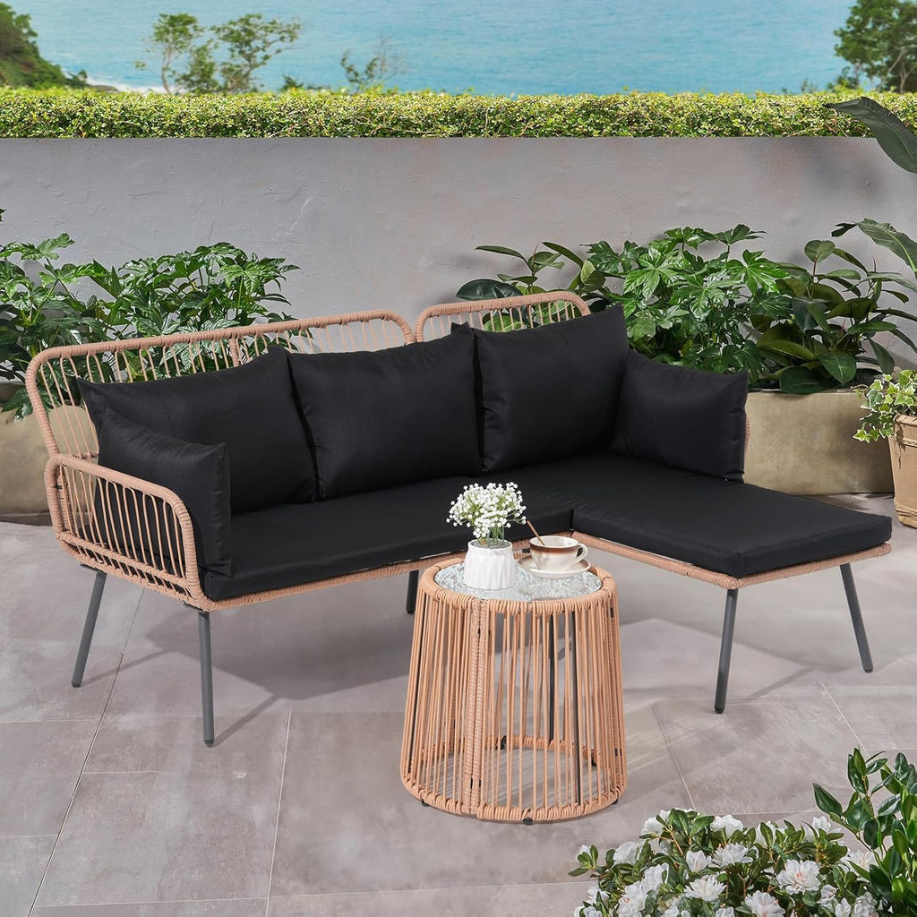Verano Garden Outdoor Patio Furniture Set, 3 Piece Wicker Rattan Outdoor Balcony Furniture Set, L-Shaped Patio Conversation Sofa Set with Cushions and Round Glass Table (Black, 3PCS)