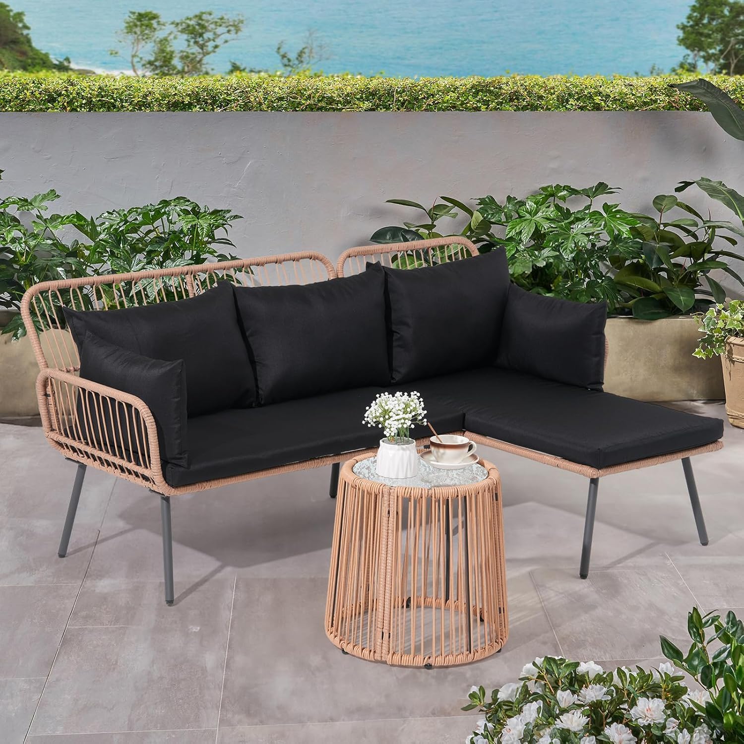 Verano Garden Outdoor Patio Furniture Set, 3 Piece Wicker Rattan Outdoor Balcony Furniture Set, L-Shaped Patio Conversation Sofa Set with Cushions and Round Glass Table (Black, 3PCS)
