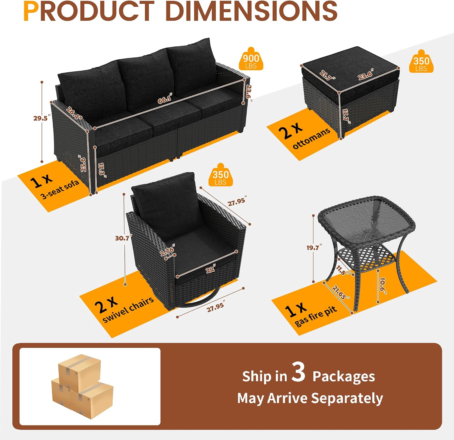 UDPATIO Patio Furniture Set, 6 Pieces Outdoor Sectional Couch with Swivel Rocking Chair, Gray Wicker Rattan Sofa with Side Table, 4' Thick Cushion for Garden Backyard Deck,Black