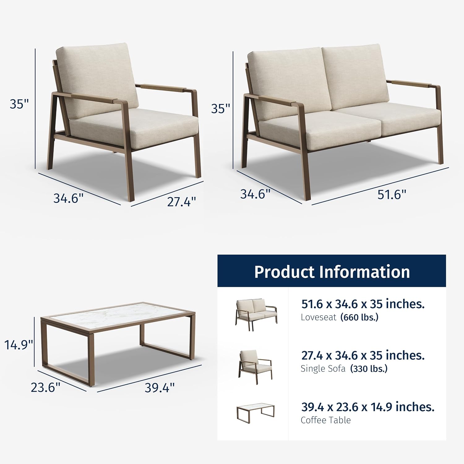 East Oak 4-Piece Outdoor Patio Furniture Set, Patio Conversation Sets with Thick Cushions,Waterproof Outside Seating Furniture with Rattan Armrests, Loveseat and Coffee Table for Backyard, Apricot