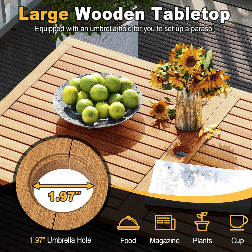 Tangkula 4 Piece Patio Dining Furniture Set, Outdoor Dining Chair Set for 4 w/Acacia Wood & Metal Frame, Umbrella Hole, 1 Table, 2 Armchairs, 1 Bench for Lawn, Garden, Backyard, Porch