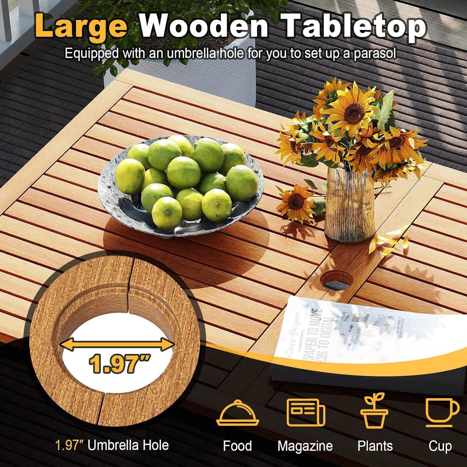 Tangkula 4 Piece Patio Dining Furniture Set, Outdoor Dining Chair Set for 4 w/Acacia Wood & Metal Frame, Umbrella Hole, 1 Table, 2 Armchairs, 1 Bench for Lawn, Garden, Backyard, Porch