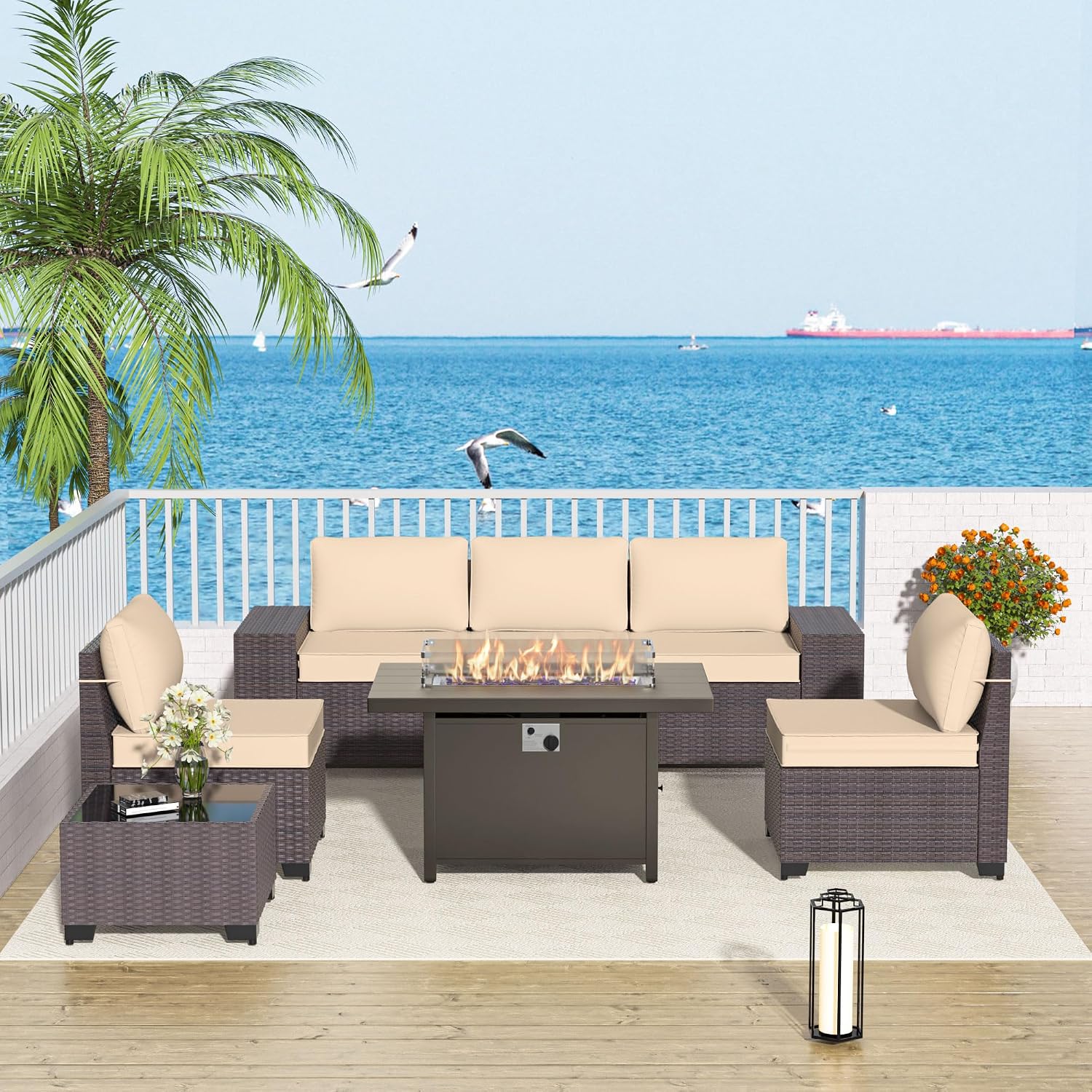 Patio Furniture Set 7 Pieces Outdoor Furniture Patio Conversation Set w/43in Aluminum Gas Fire Pit,PE Rattan Wicker 7 Pcs Outdoor Sofa Set w/55000 BTU Propane Fire Pit Table,Sand