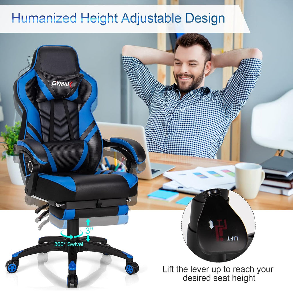 GYMAX Gaming Chair, Ergonomic Computer Chair with Footrest, Linkage Armrests & Lumbar Cushion, Big Wide High Back Video Gaming Chair, Reclining Office Rolling Chair for Adult/Teens (Blue)