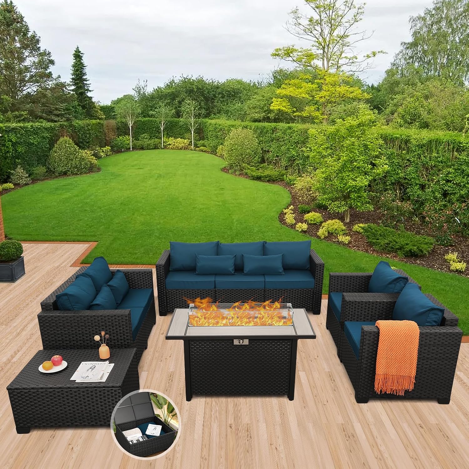 Rattaner Patio Furniture Set with 45In Fire Pit 6 Pieces Outdoor Furniture Sets Patio Couch Outdoor Chairs 60000 BTU Steel Propane Fire Pit Table No-Slip Cushions and Waterproof Covers, Peacock Blue