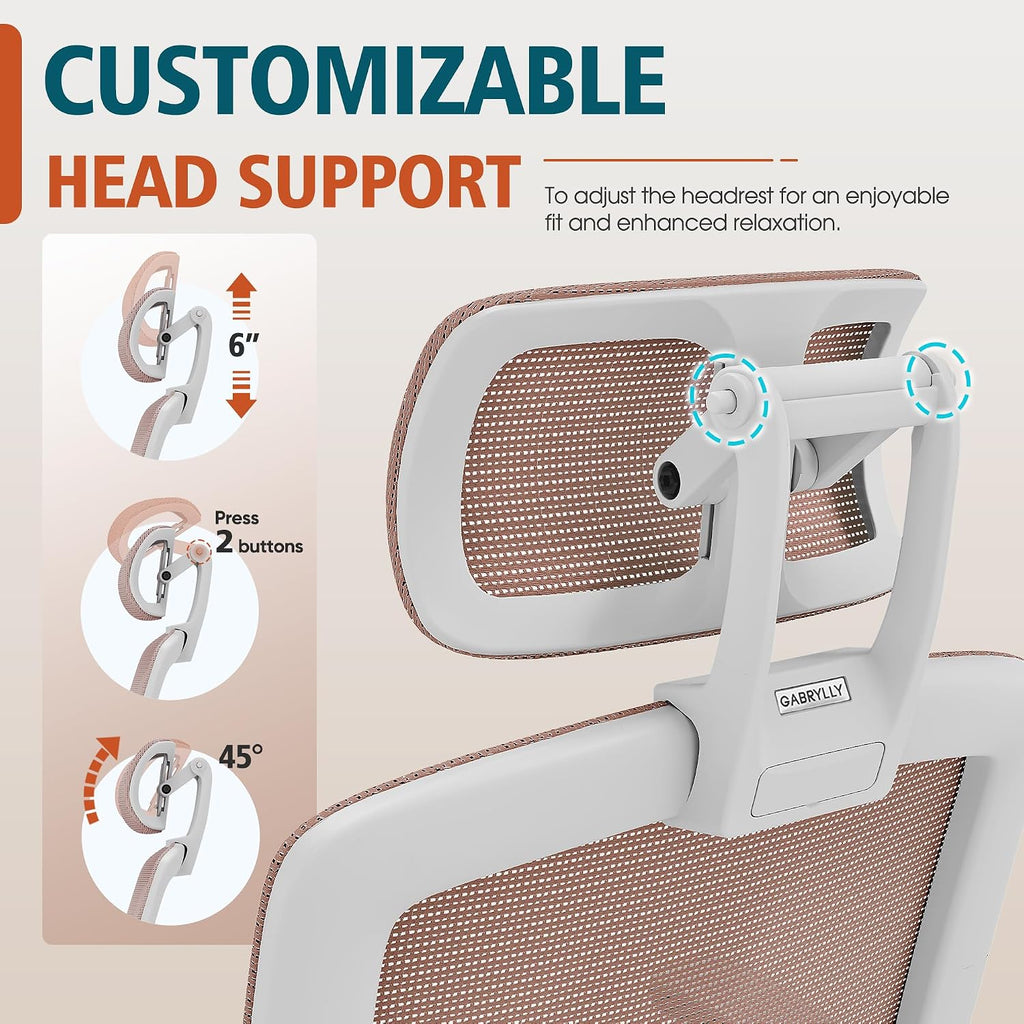 GABRYLLY Ergonomic Office Chair, High Back Home Desk Chair with Headrest, Flip-Up Arms, 90-120° Tilt Lock and Wide Cushion, 300LBS Mesh Chairs for Man Woman, White Task Chair(Pink,GY01WPK)