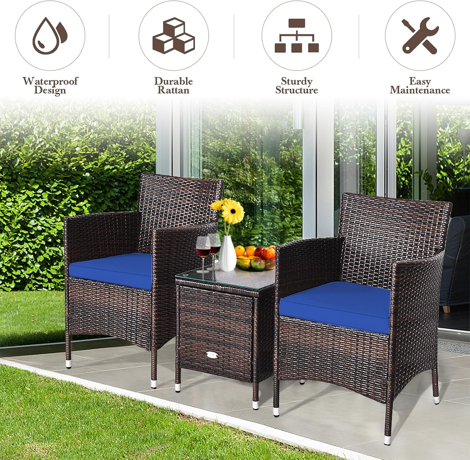 DORTALA Wicker Patio Furniture Set 3 Piece, Small Outdoor Table & Chairs Set with Cushions, All-Weather Rattan Conversation Bistro Set for Balcony, Porch, Backyard, Deck, Navy