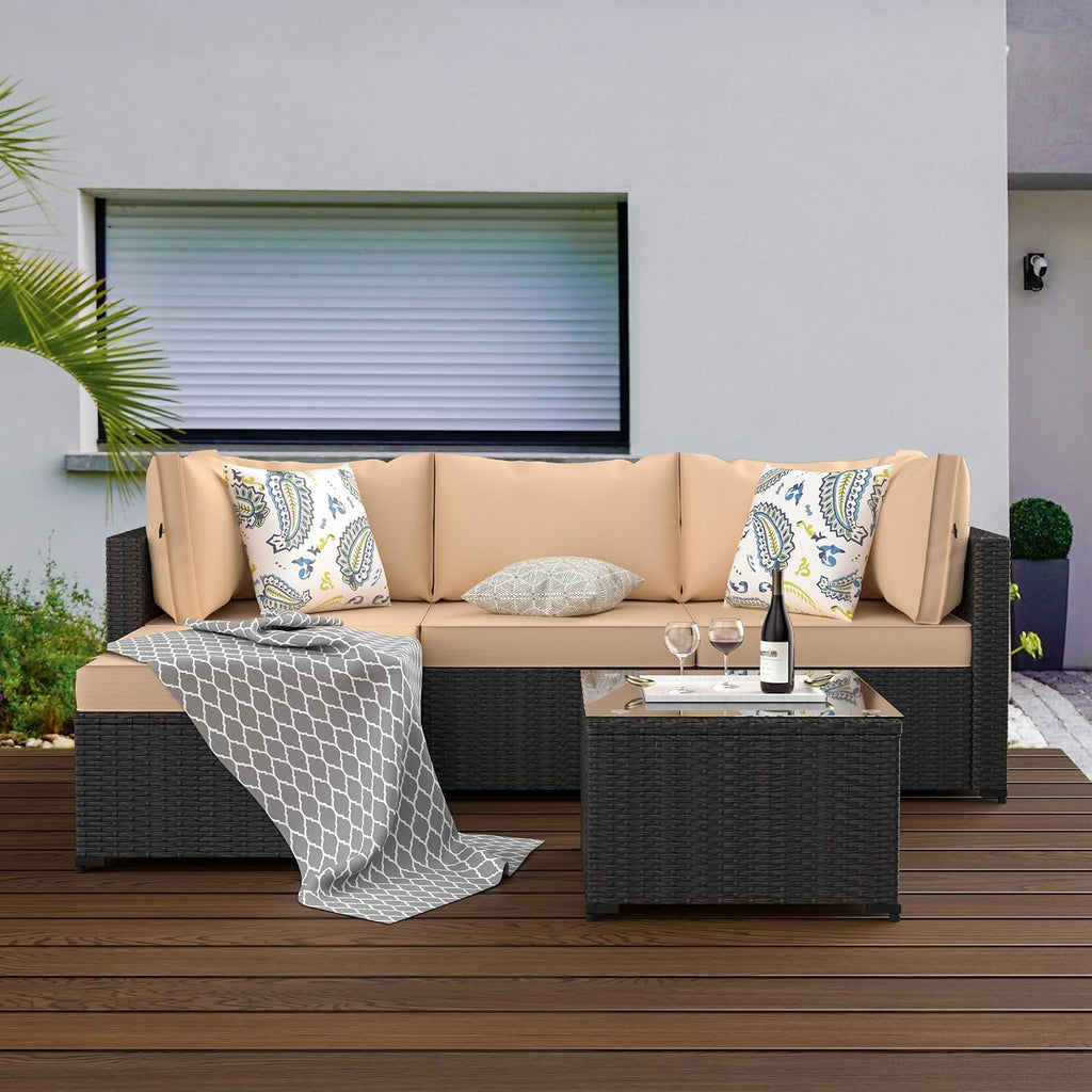 GOJOOASIS Patio Furniture Set Outdoor Sectional Sofa with Ottoman Wicker Couch Rattan Modular Seating Conversation Sets Porch Decor for Backyard, Balcony, Garden (Khaki)
