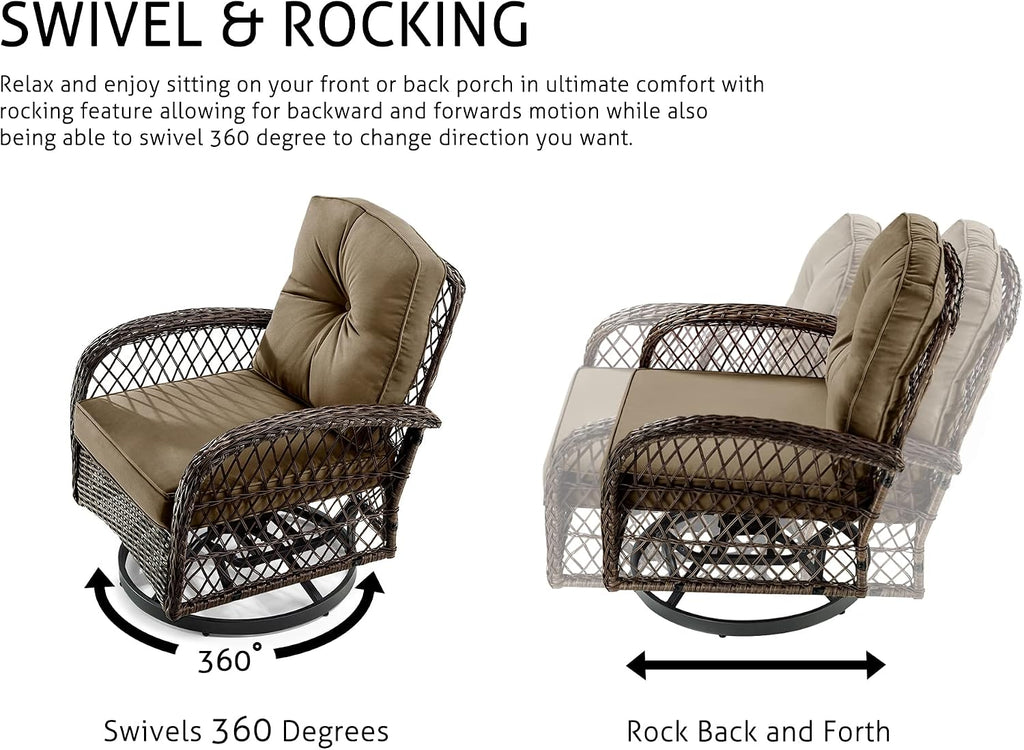 SHA CERLIN 3 Pieces Patio Furniture Set, Outdoor Swivel Glider Rocker, Wicker Patio Bistro Set with Rocking Chair, Cushions and Table (Khaki)
