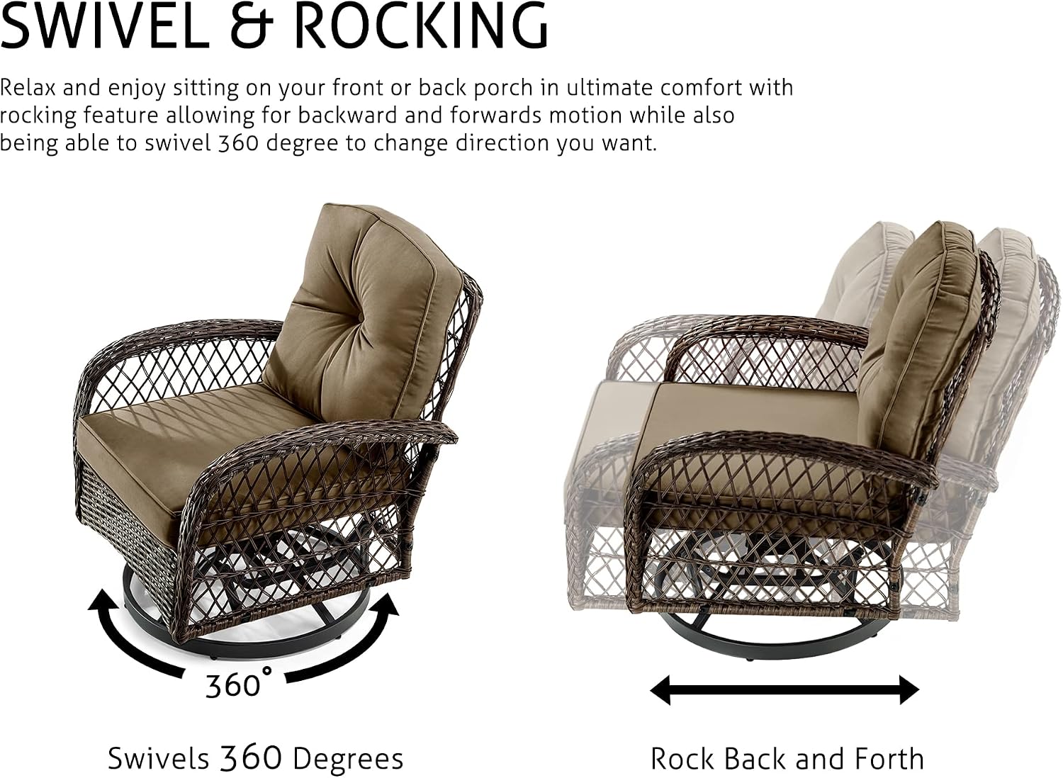 SHA CERLIN 3 Pieces Patio Furniture Set, Outdoor Swivel Glider Rocker, Wicker Patio Bistro Set with Rocking Chair, Cushions and Table (Khaki)