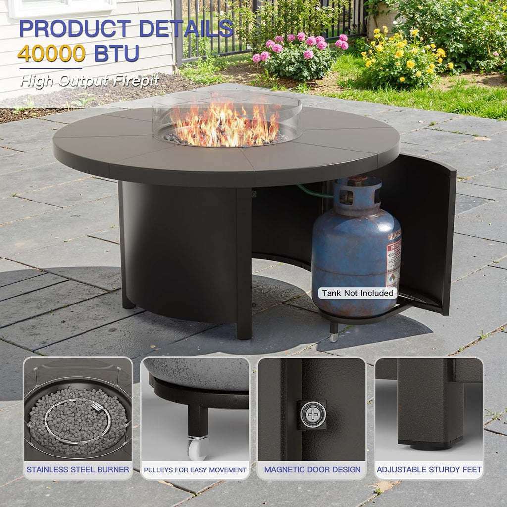 Kurapika 7 Piece Metal Outdoor Patio Furniture Set with 48' Round Fire Pit Table, Patio Conversation Sets 6 Fixed Chairs with Thick Cushion and 40000 BTU Propane Fire Pit Table, Navy Blue