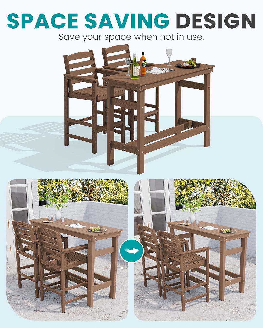 SERWALL Outdoor Bar Set - 2 Adirondack Bar Chairs & Bar Height Table with 1.6' Umbrella Hole, All-Weather HDPE Patio Furniture for Poolside, Backyard, Garden - Brown