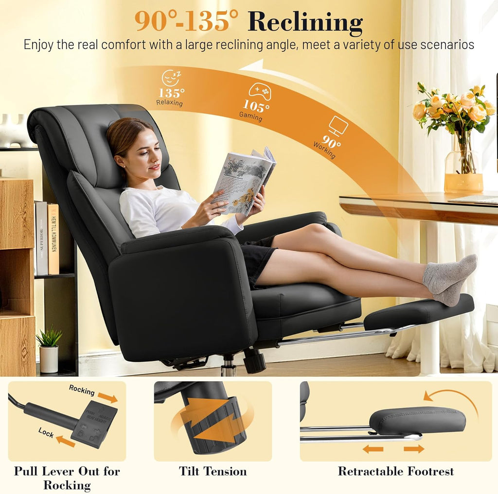 FelixKing Big and Tall Office Chair, 400LBS Wide Leather Executive Chair, Reversible Armrest for Pets Criss Cross Legged, 135° Reclining High Back Gaming Desk Chair with Lumbar Support Footrest, Black