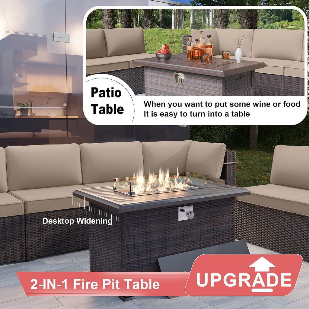 Kurapika 11 Pieces Patio Furniture Set, Rattan Wicker Outdoor Conversation Sets w/43in Propane Fire Pit Table and 4 Inch Cushion(Sand)