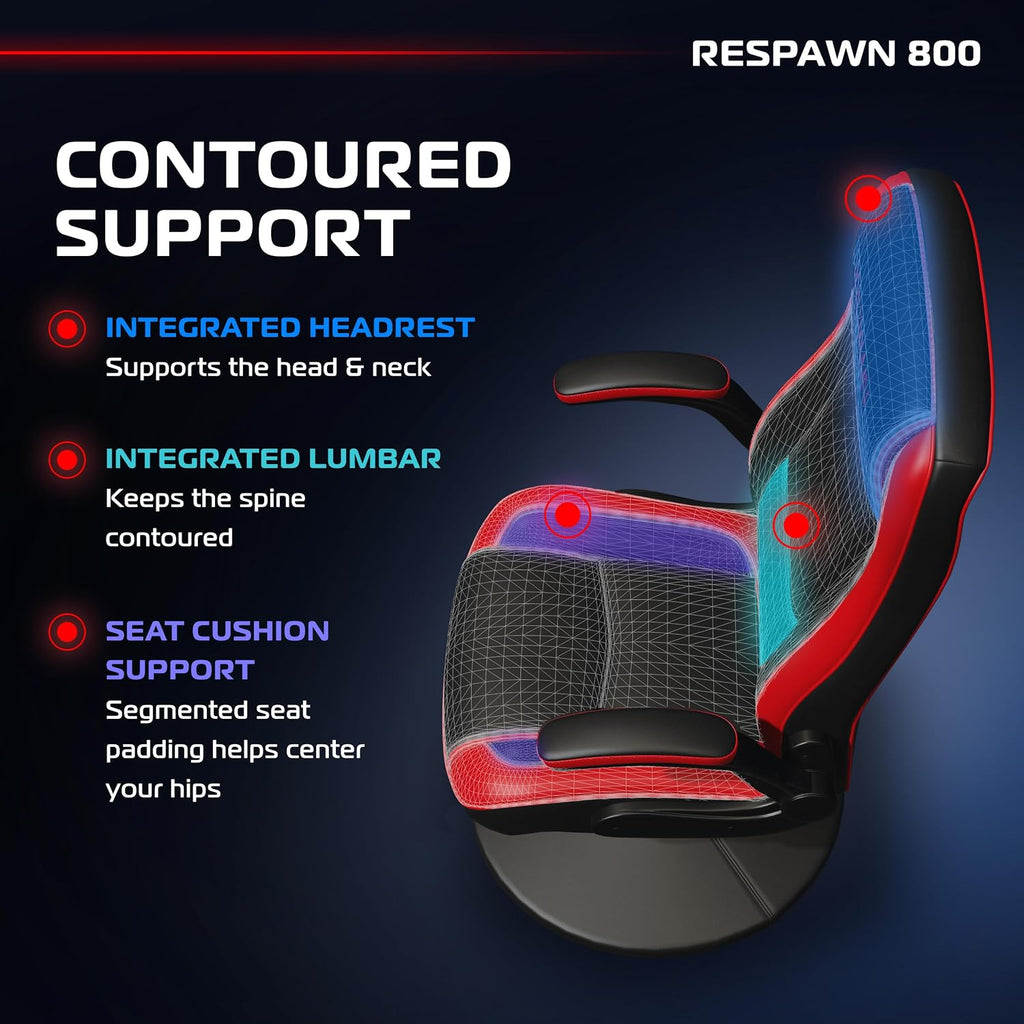 Respawn 800 Swivel Rocker Gaming Chair - Ergonomic Floor Gaming Seat with Lumbar Support, Flip Up Armrest, High Back, Pedestal Base, Comfortable No Wheels Console Video Game Rocker Chair - Red
