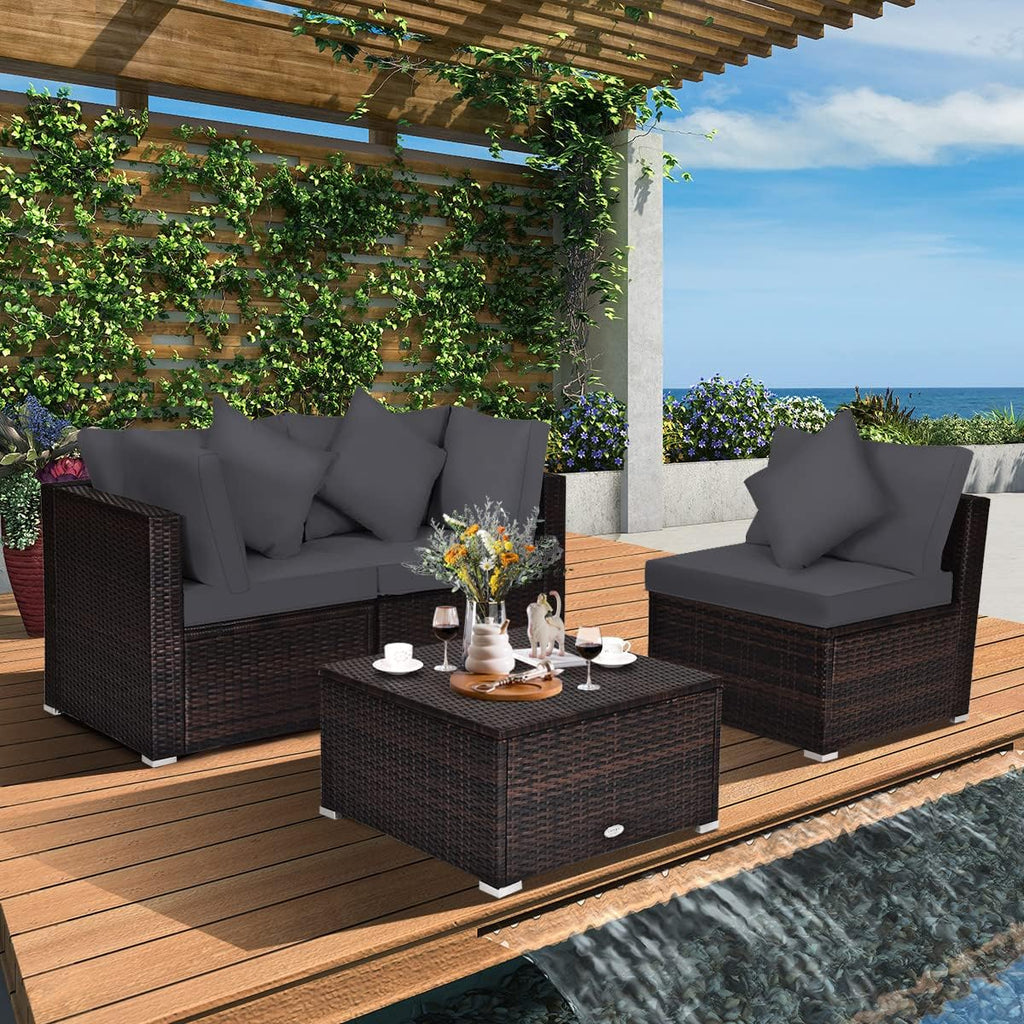Tangkula 4 Pieces Patio Rattan Sofa Set, Outdoor Wicker Sectional Furniture Set, Patio Conversation Set with Removable Cushions & Pillows for Backyard Porch Garden Poolside Balcony (Gray)