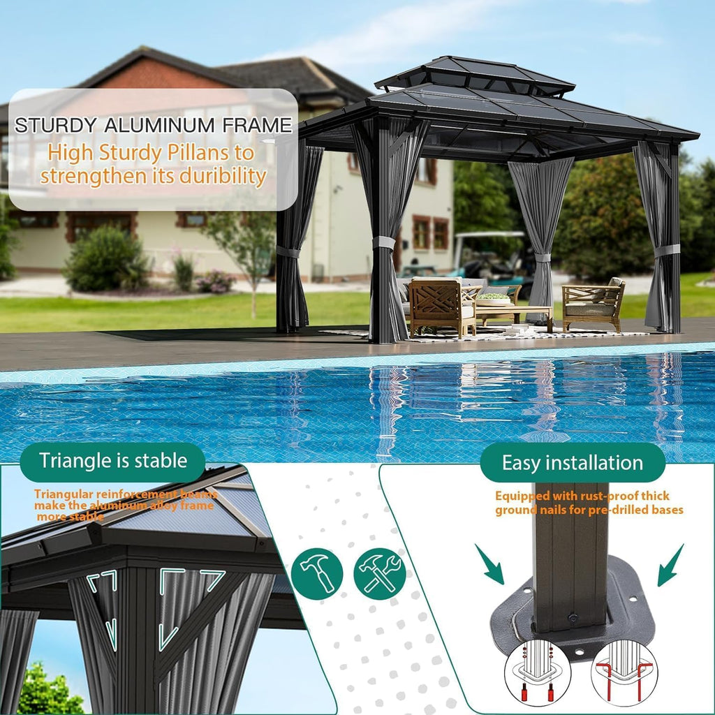 GAOMON 10'x12' Hardtop Gazebo with Polycarbonate Double Roof, Durable Aluminum Frame, Weatherproof & UV Protection for Garden, Patio, Lawn