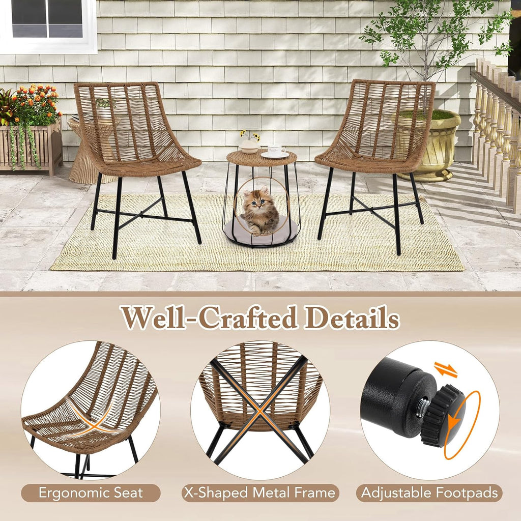 Tangkula 3 Pieces Outdoor Furniture Set with Pet House, Heavy Duty Metal Frame Patio Armless Chairs with Coffee Table, for Patio, Yard, Poolside, Garden (Light Brown)