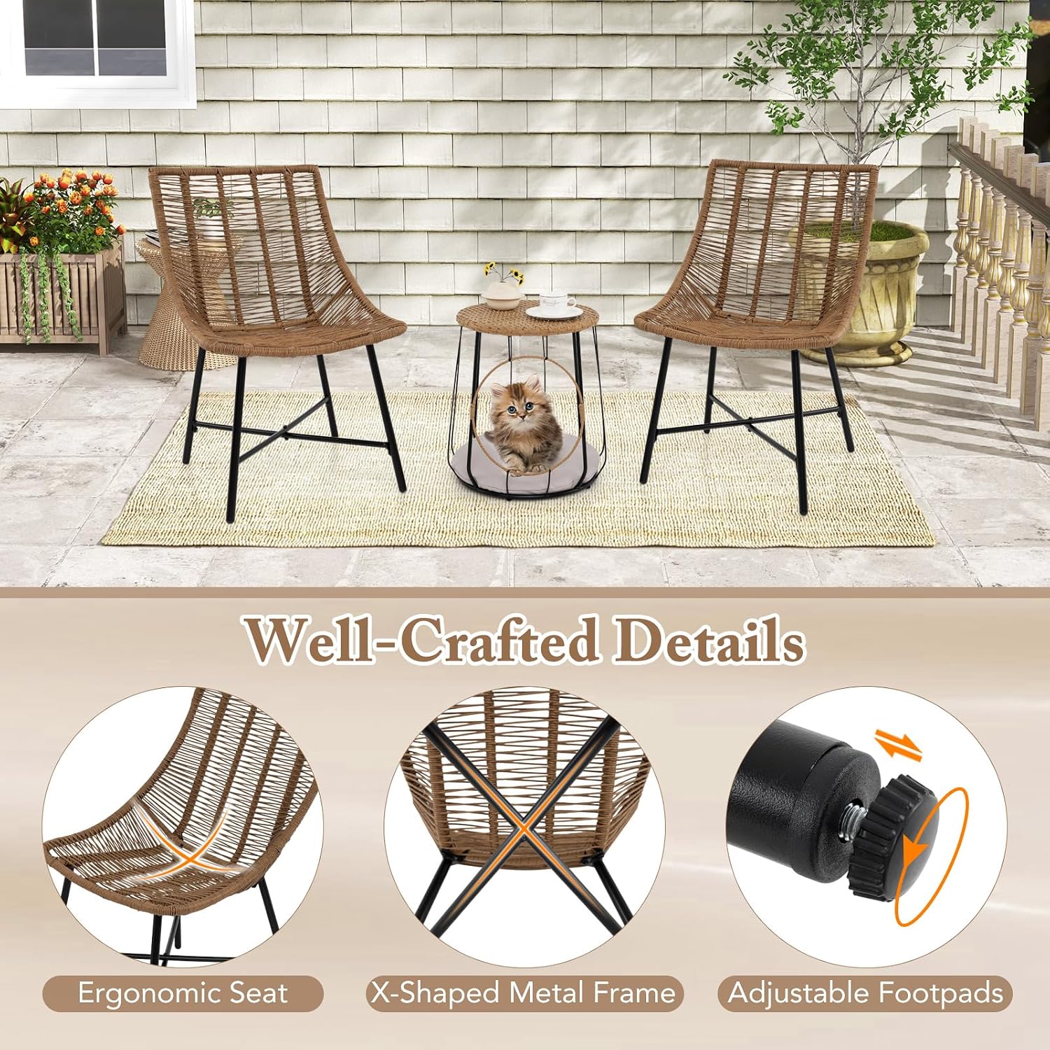 Tangkula 3 Pieces Outdoor Furniture Set with Pet House, Heavy Duty Metal Frame Patio Armless Chairs with Coffee Table, for Patio, Yard, Poolside, Garden (Light Brown)