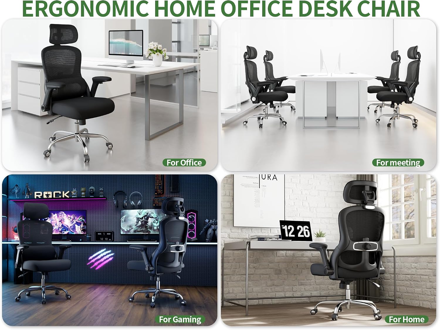 Office Chair - Ergonomic Desk Chair with Adjustable Headrest Lumbar Support Computer Chair - Mesh Comfy Chairs with Flip-up Armrests - Big and Tall Gaming Chairs for Adults Home Office(Black)
