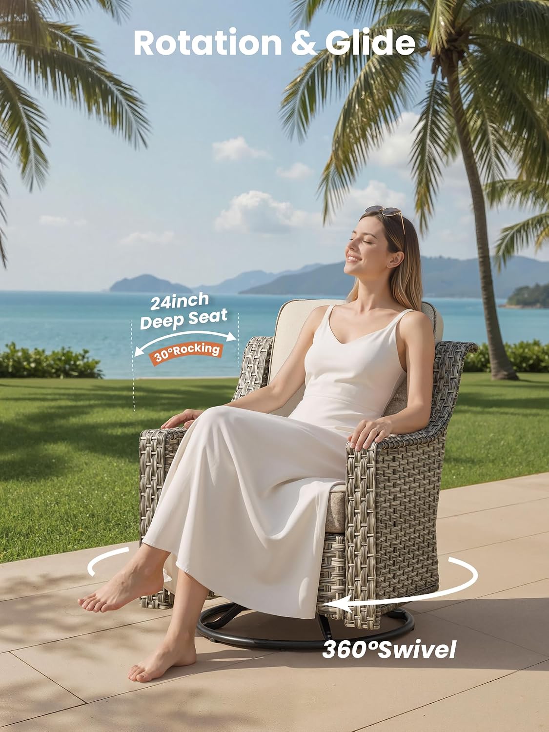 ovios 5 Piece Outdoor Patio Furniture with 3 Seat Sofa,Rattan Wicker Coversation Set with Swivel Rocking Chair,Balcony Sofa Set with Shiny Table for Outside Porch Backyard Pool, Beige