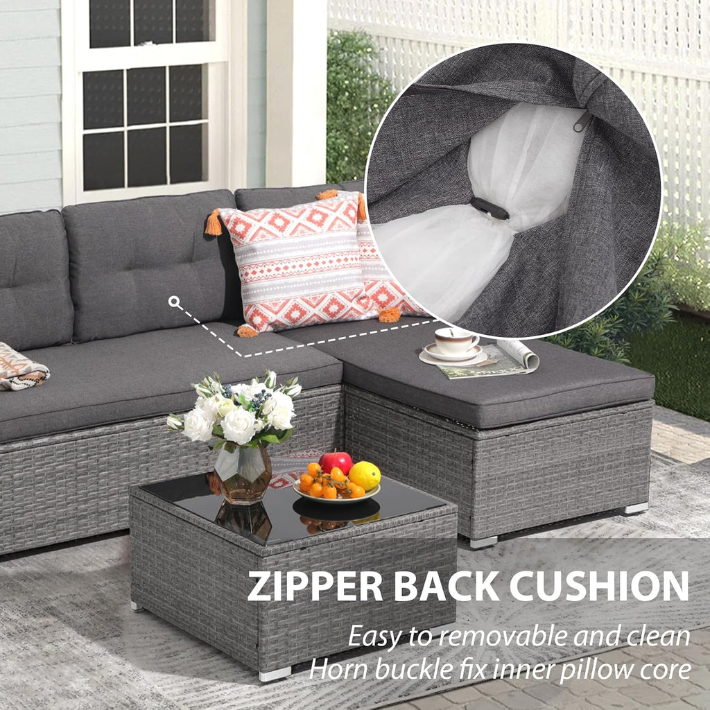 JOIVI Outdoor Patio Furniture Sets, 3-Piece All Weather Wicker Outdoor Conversation Set, Rattan Sectional Sofa Set, Patio Couch with Tempered Glass Table for Porch, Garden, Dark Gray