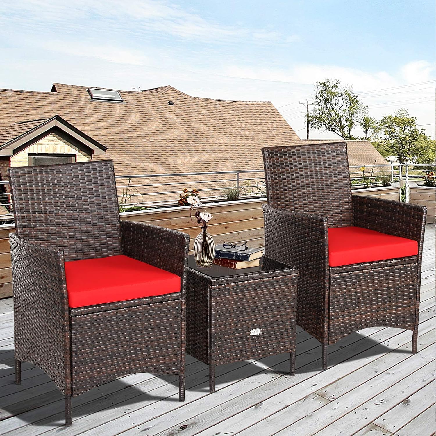 Tangkula 3-Piece Patio Conversation Set, Wicker Chairs with Glass Top Square Coffee Table & Cushions, All-Weather Outdoor Rattan Furniture Set for Garden Backyard Balcony Poolside (Red)